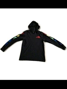 Adidas Boys Black Rainbow Multi Logo Long Sleeve Hooded Shirt Size Medium